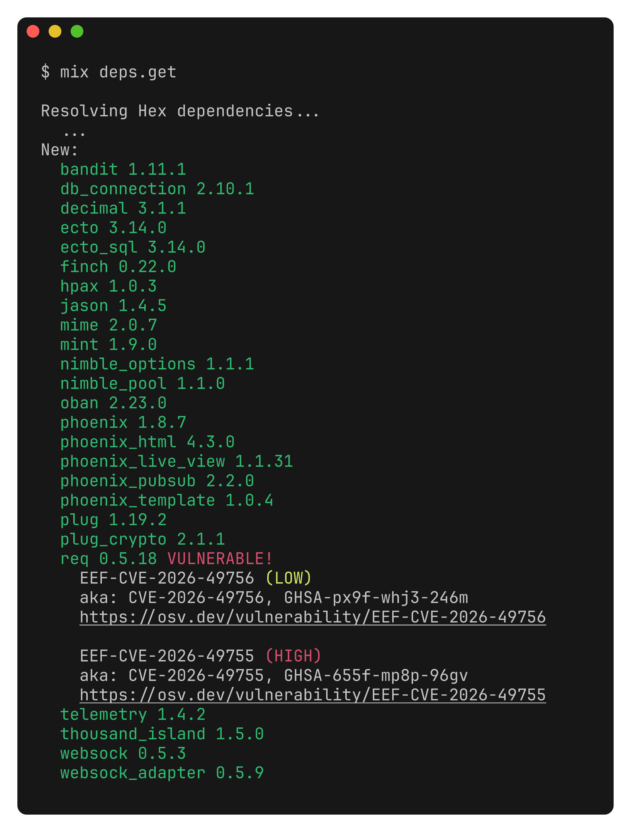mix deps.get showing a VULNERABLE tag and an advisory summary