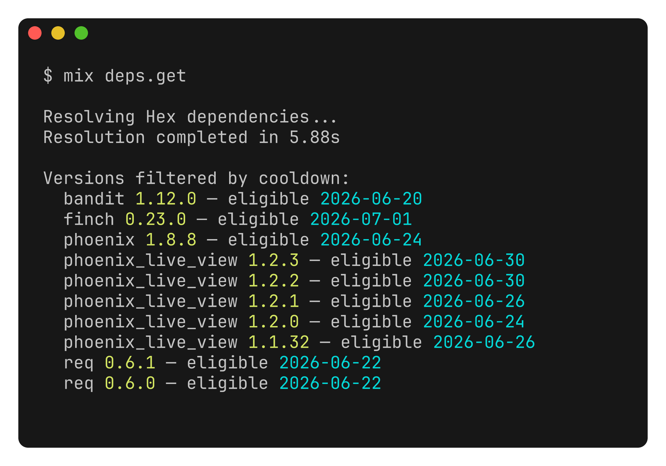 mix deps.get showing versions filtered by cooldown