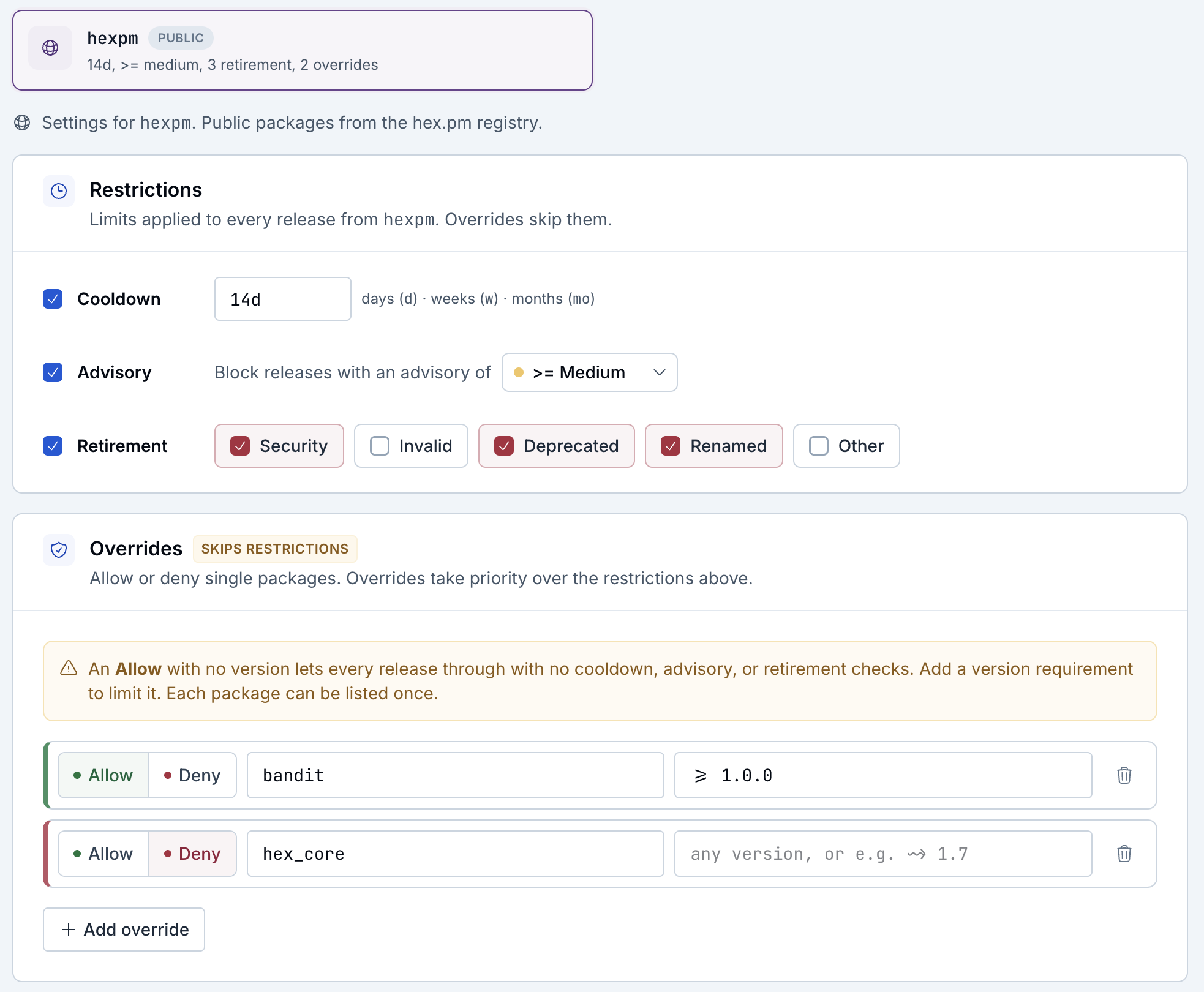 Creating a dependency policy in the hex.pm dashboard