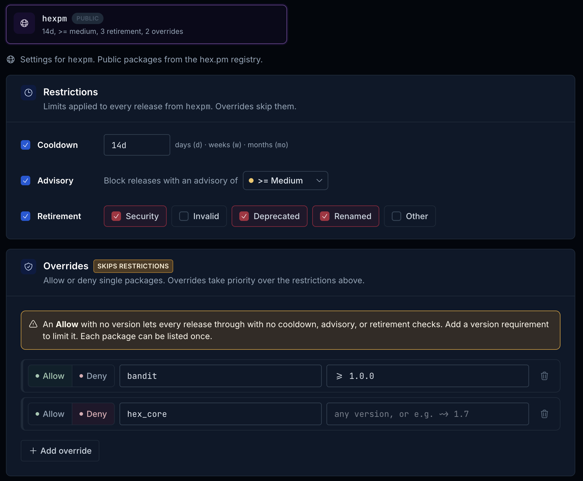 Creating a dependency policy in the hex.pm dashboard